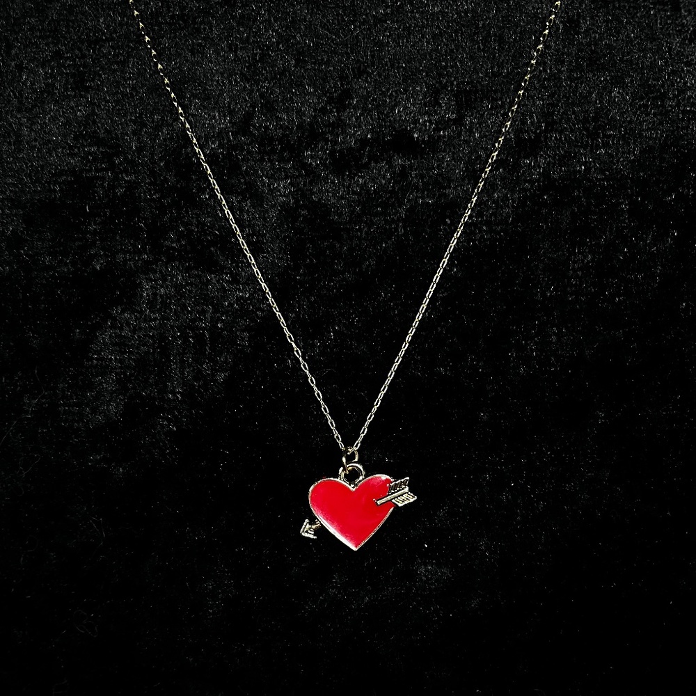 Red Love - Red Heart Shaped Cupid Arrow Necklace Gold Chain